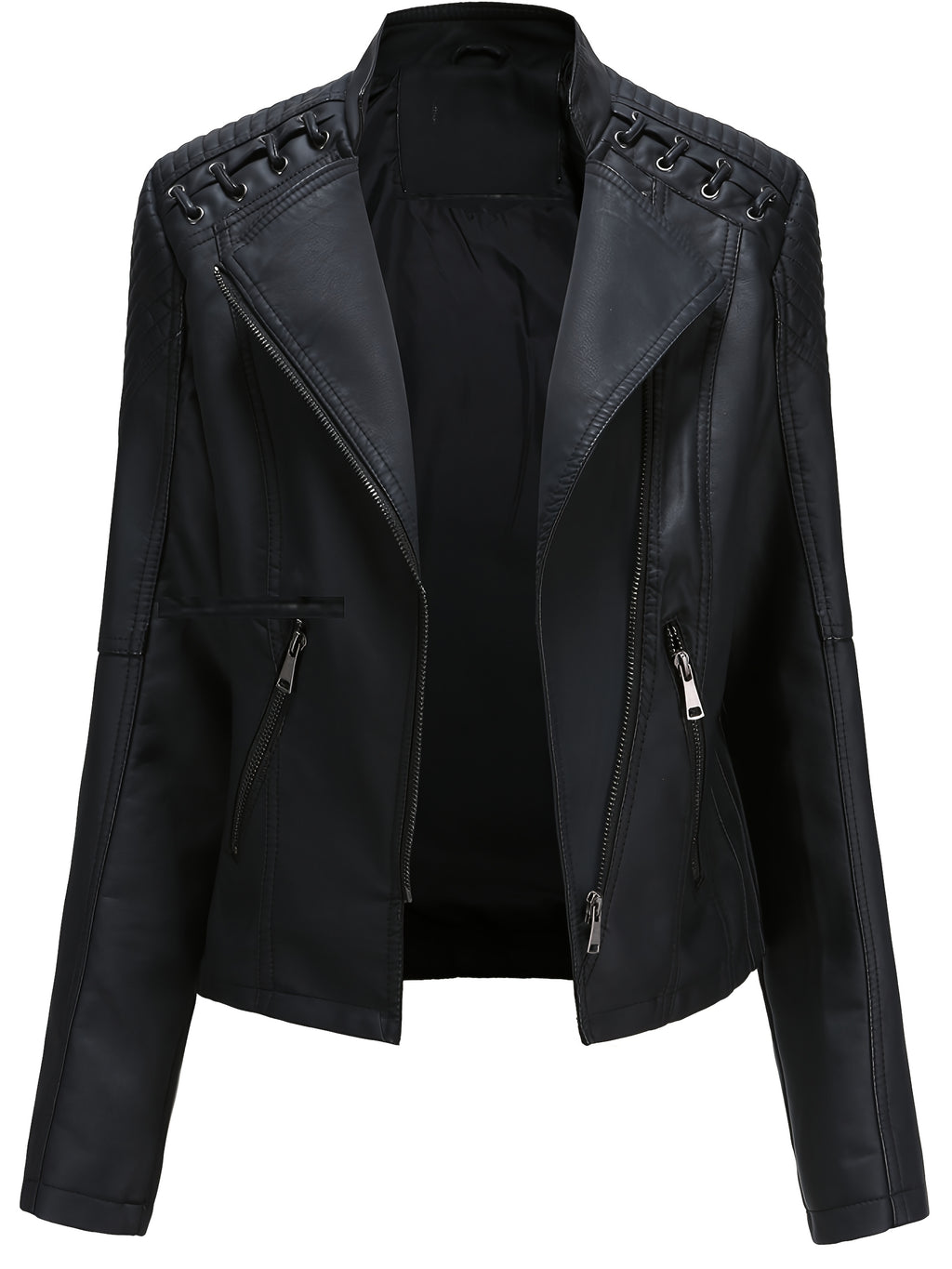 Short Silvery Zippered Motorcycle Jacket Black PU Moto Coat - Stand-Up Collar with Metal Buckles, Slim Fit Short Length, Shoulder Stitched Texture, Zippered Pockets