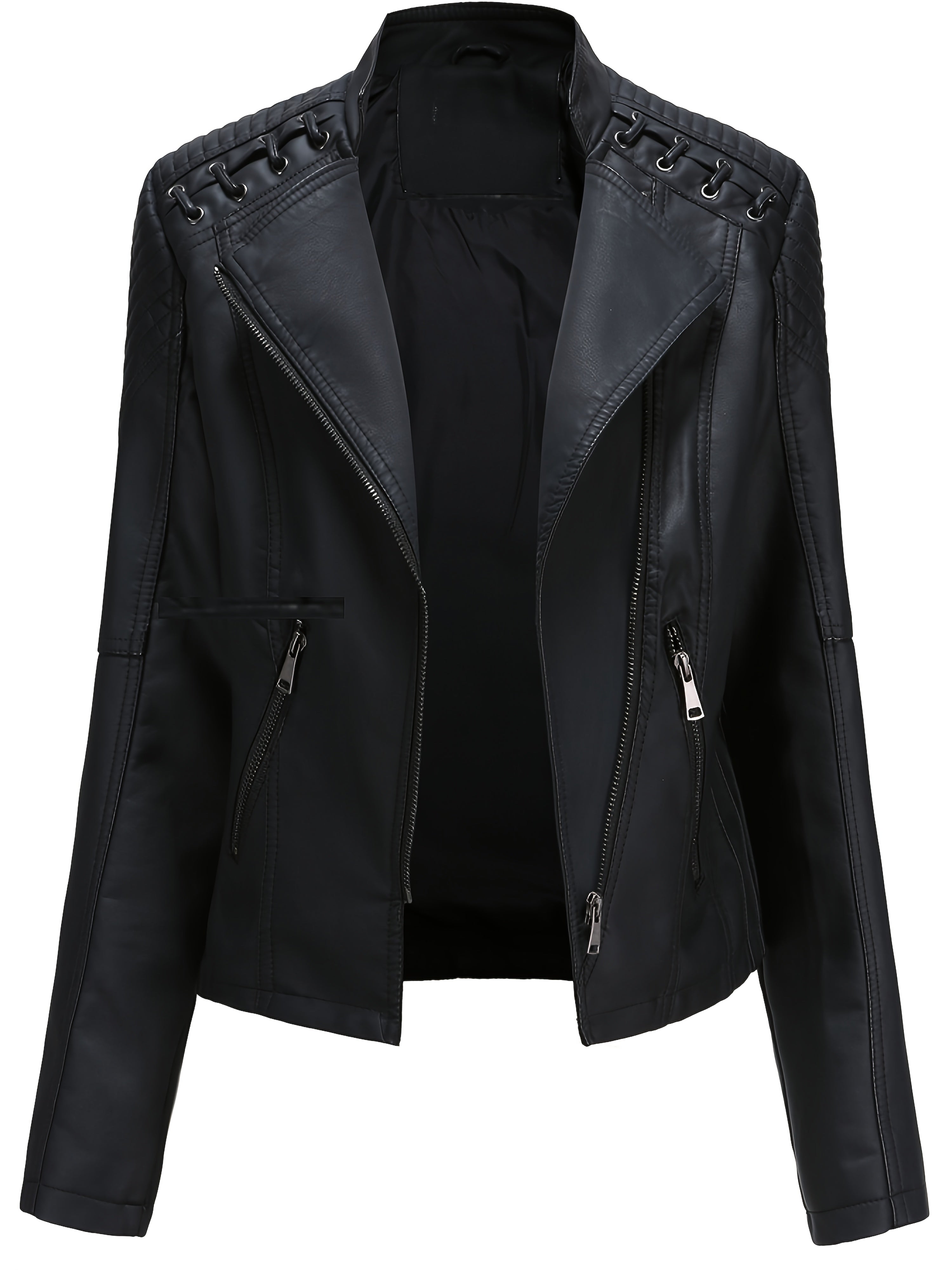 Short Silvery Zippered Motorcycle Jacket Black PU Moto Coat - Stand-Up Collar with Metal Buckles, Slim Fit Short Length, Shoulder Stitched Texture, Zippered Pockets