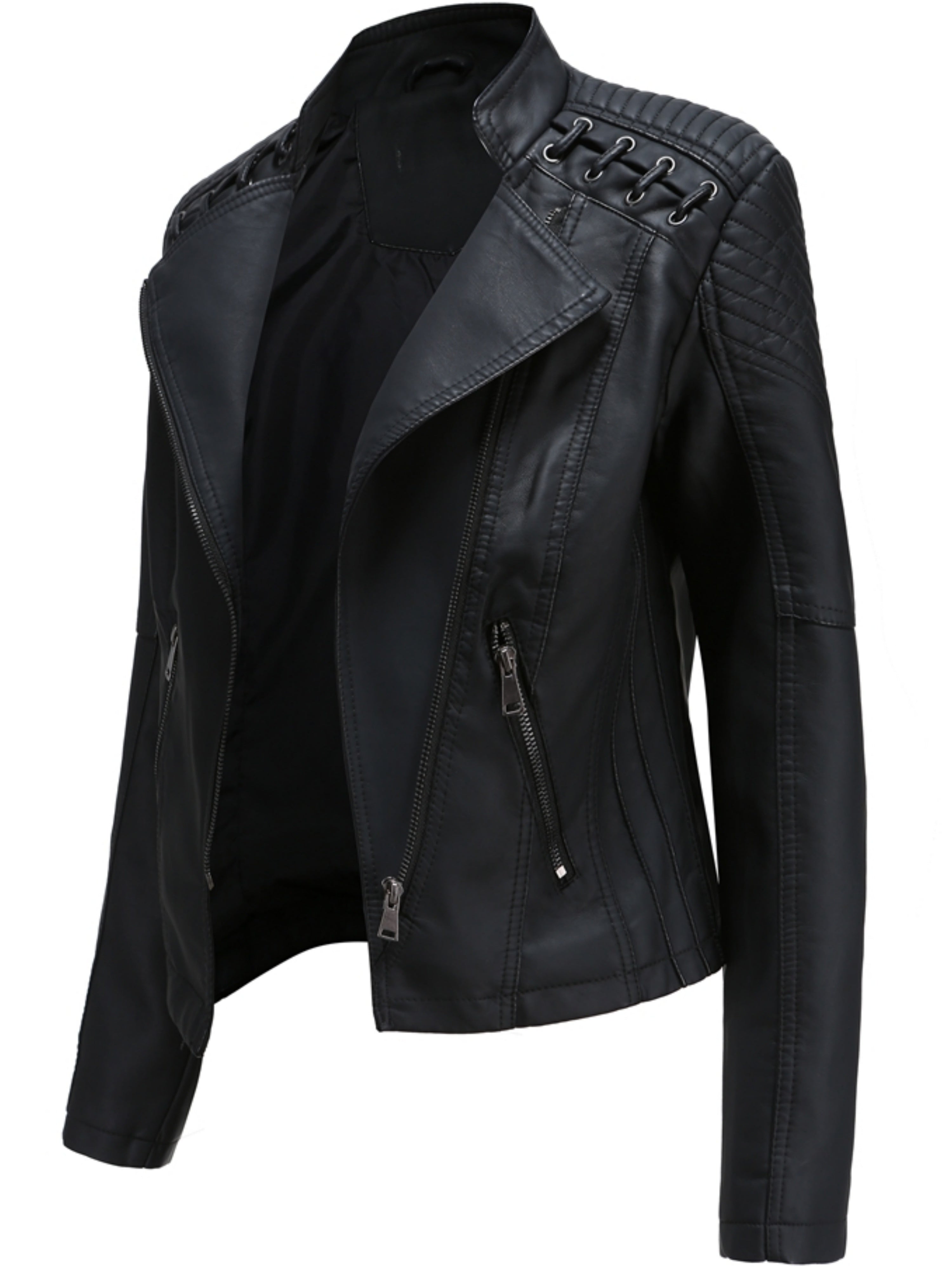 Short Silvery Zippered Motorcycle Jacket Black PU Moto Coat - Stand-Up Collar with Metal Buckles, Slim Fit Short Length, Shoulder Stitched Texture, Zippered Pockets