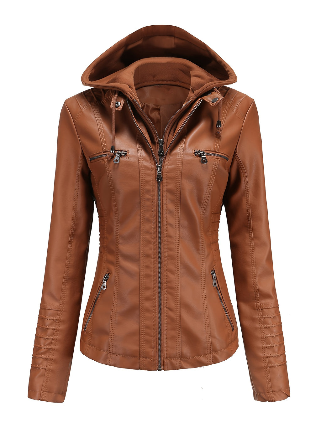 Women'S Elegant Black Hooded Jacket with Detachable Shoulder Straps - Perfect for Spring and Fall, Casual Style, Zipper Closure, Faux Leather Outerwear, Casual Jacket| Detachable Shoulder Straps|Zipper Closure Jacke