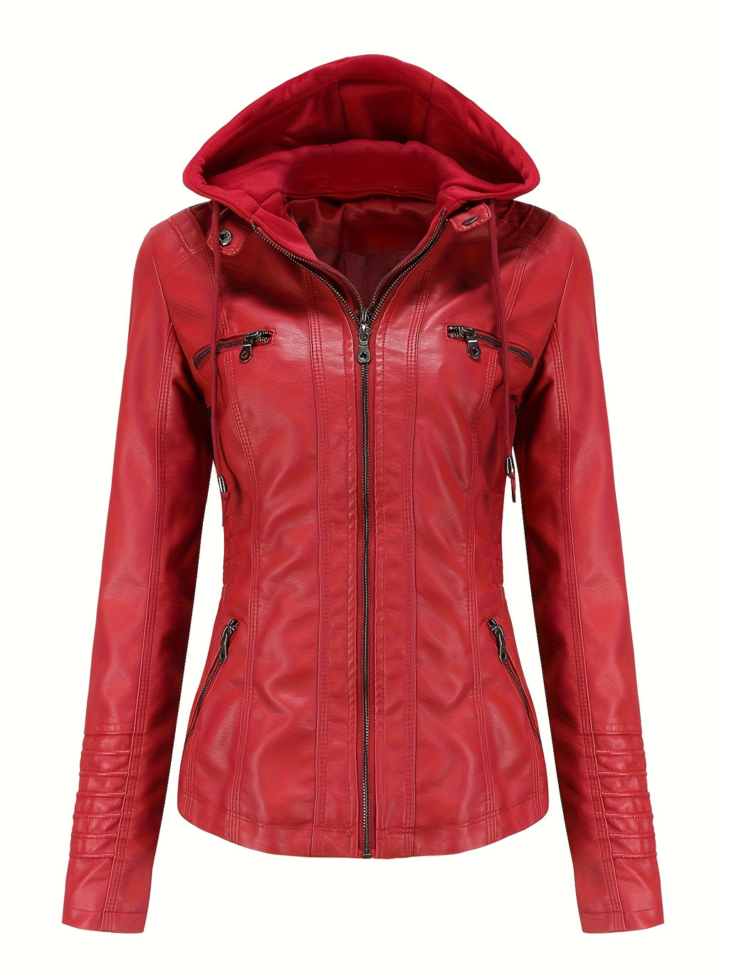 Women'S Elegant Black Hooded Jacket with Detachable Shoulder Straps - Perfect for Spring and Fall, Casual Style, Zipper Closure, Faux Leather Outerwear, Casual Jacket| Detachable Shoulder Straps|Zipper Closure Jacke