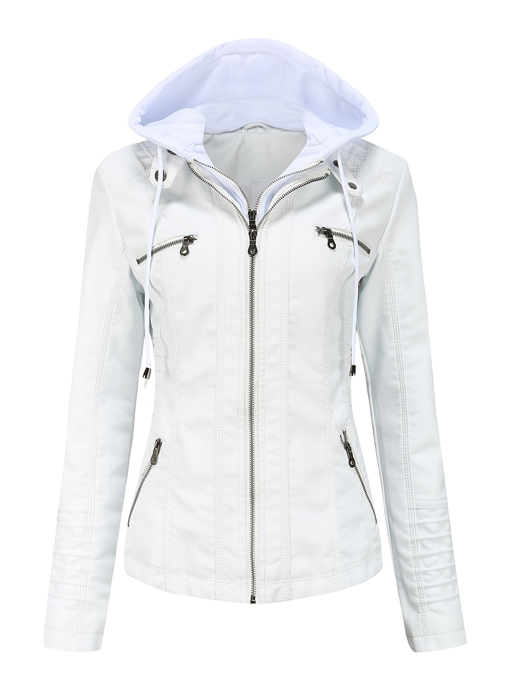 Women'S Elegant Black Hooded Jacket with Detachable Shoulder Straps - Perfect for Spring and Fall, Casual Style, Zipper Closure, Faux Leather Outerwear, Casual Jacket| Detachable Shoulder Straps|Zipper Closure Jacke