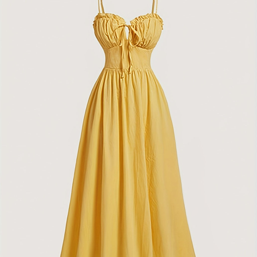 Mustard Yellow Spaghetti Suspender Dress for Teen Girls - Casual Solid Color with Adjustable Waist Tie, Lightweight Non-Stretch Fabric, Machine Washable, Regular Fit for Spring Summer Fall